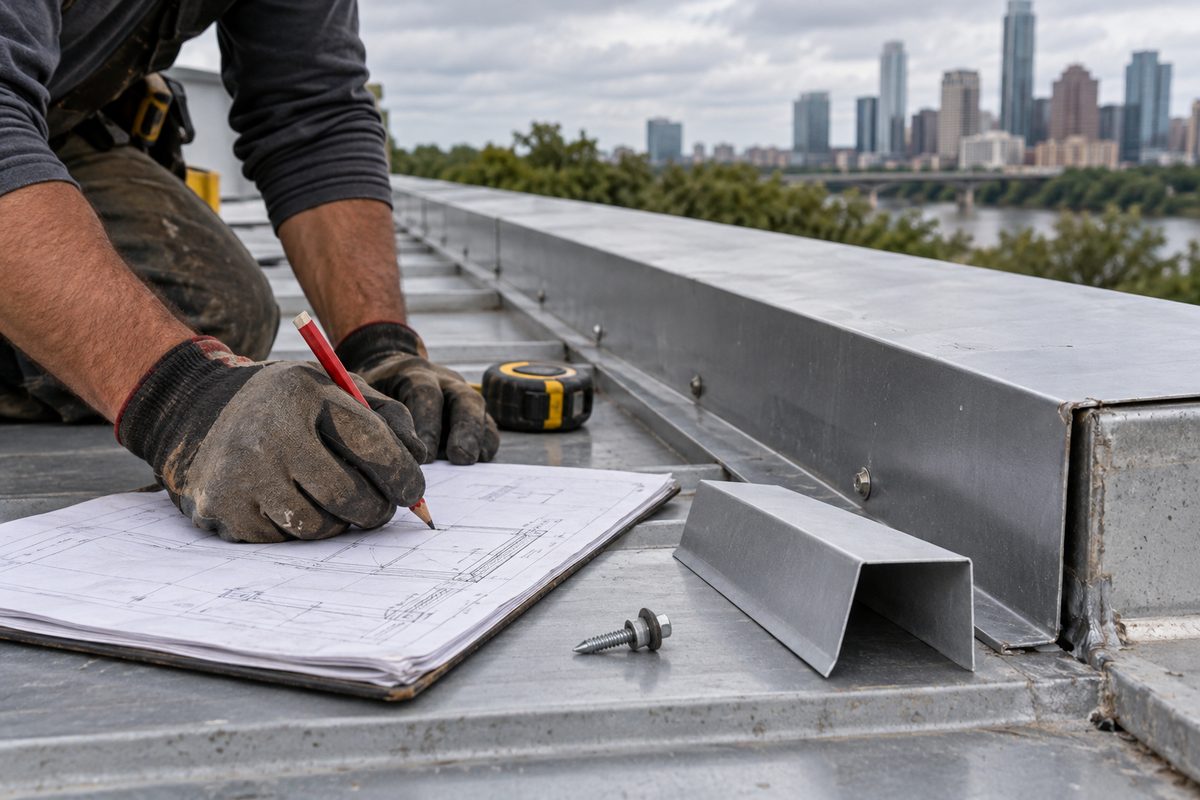 A roofer's marked scope notes beside a roof edge detail